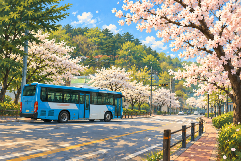 벚꽃이 핀 거리에서 작은 시내버스가 지나가는 부산의 봄 풍경