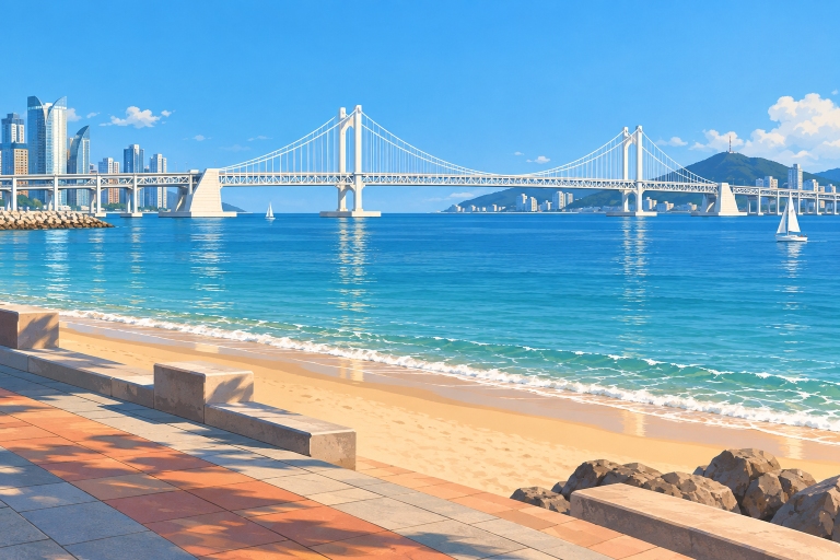 산책로에서 바라본 광안리 바다와 광안대교의 두 주탑 일러스트