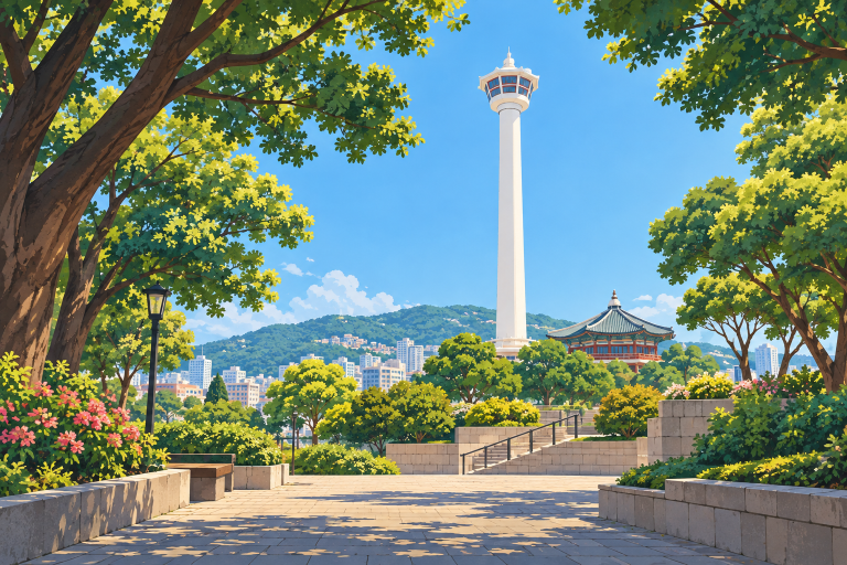 공원 나무 사이로 부산타워를 바라보는 용두산공원 일러스트