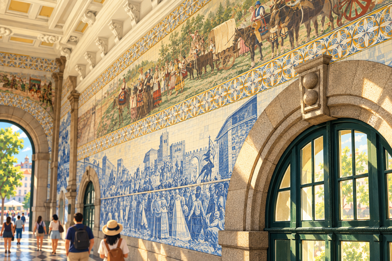 아치형 창과 타일 벽화를 사선으로 바라보는 상벤투역 풍경
